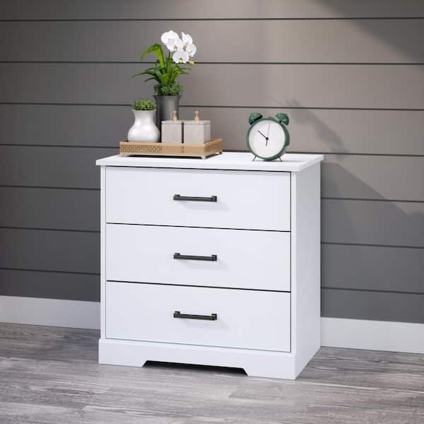 Prepac Rustic Ridge White 3-Drawer 27.5 in. x 26.75 in. x 16.25 in. Nightstand, Wooden Chest of Drawers for Bedroom