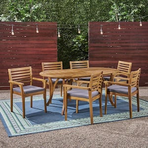 Casa 30 in. Teak Brown 7-Piece Wood Oval Patio Outdoor Dining Set with Dark Grey Cushions