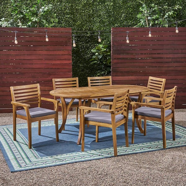 Casa 30 in. Teak Brown 7-Piece Wood Oval Patio Outdoor Dining Set with Dark Grey Cushions
