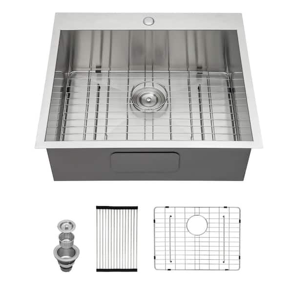 Sink Assembly LIVACA 25 in. Drop-In Single Bowl 16 Gauge Brushed Nickel Stainless ...