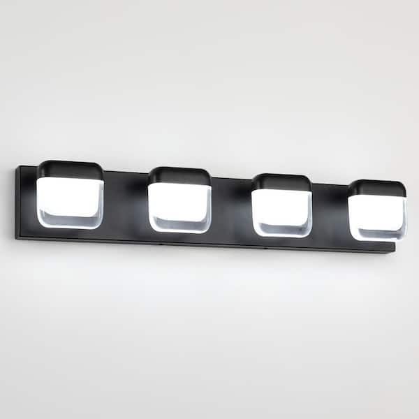JUSHENG 28 in. 4 Light Black Vanity Light Bar with Matte Black Finish and Translucent Lampshade Dimmable 5500K Light