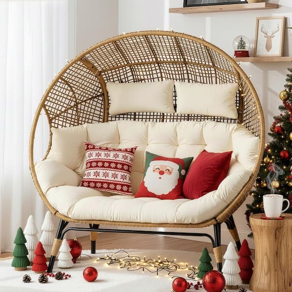 Oversized 2-Person PE Wicker Indoor/Outdoor Egg Lounge Chair Loveseat with Beige Cushion 680 lbs. Capacity