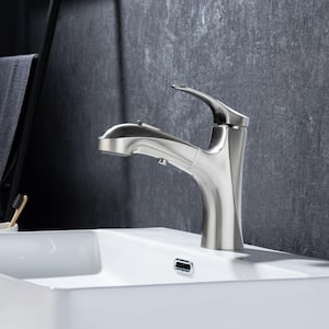Single-Handle Single-Hole Pull Out Sprayer Bathroom Faucet with Deckplate and Supply Lines Included in Brushed Nickel
