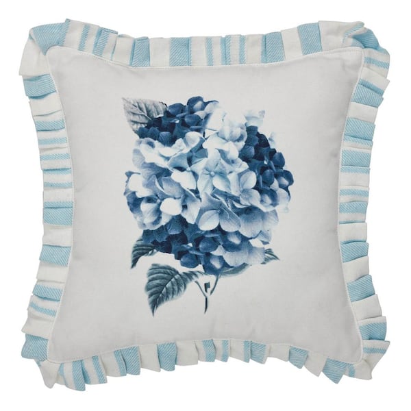 VHC BRANDS Finders Keepers Soft White Blue-Grey Sky Blue Ruffled Hydrangea 12 in. x 12 in. Throw Pillow