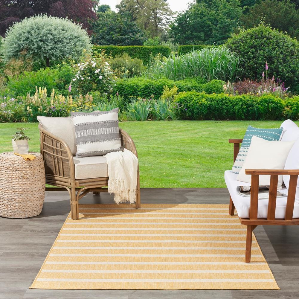 Yellow Ivory Striped Flatweave 5' x 7' Outdoor Rug