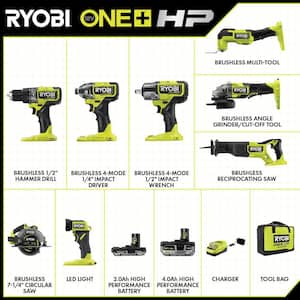 ONE+ HP 18V Brushless Cordless 8-Tool Combo Kit with 4.0 Ah and 2.0 Ah HIGH PERFORMANCE Batteries, Charger, and Bag