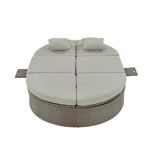 Gray Wicker Outdoor Day Bed with Gray Cushions, Pillows, Adjustable Backrests and Foldable Cup Trays