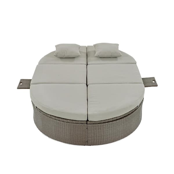 Tenleaf Gray Wicker Outdoor Day Bed with Gray Cushions, Pillows, Adjustable Backrests and Foldable Cup Trays