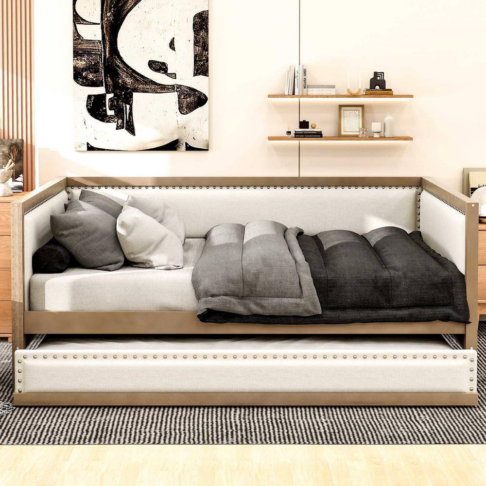 Full Size Beige Linen Upholstered Daybed with Trundle and Nailhead Trim