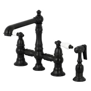English Country 2-Handle Bridge Kitchen Faucet with Side Sprayer in Matte Black