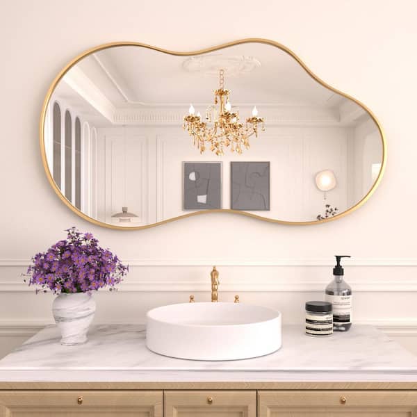 Gold 20 in W x 36 in. H Abstract Wavy Irregular Aluminum Alloy Framed Mirror for Bathroom, Living Room, Entryway