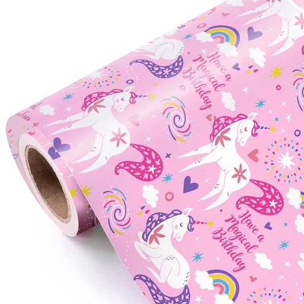 N/A Pink Unicorn Birthday Wrapping Paper Roll 17 in. x 9.8 ft. Magical Design for Girls Baby Shower Holiday