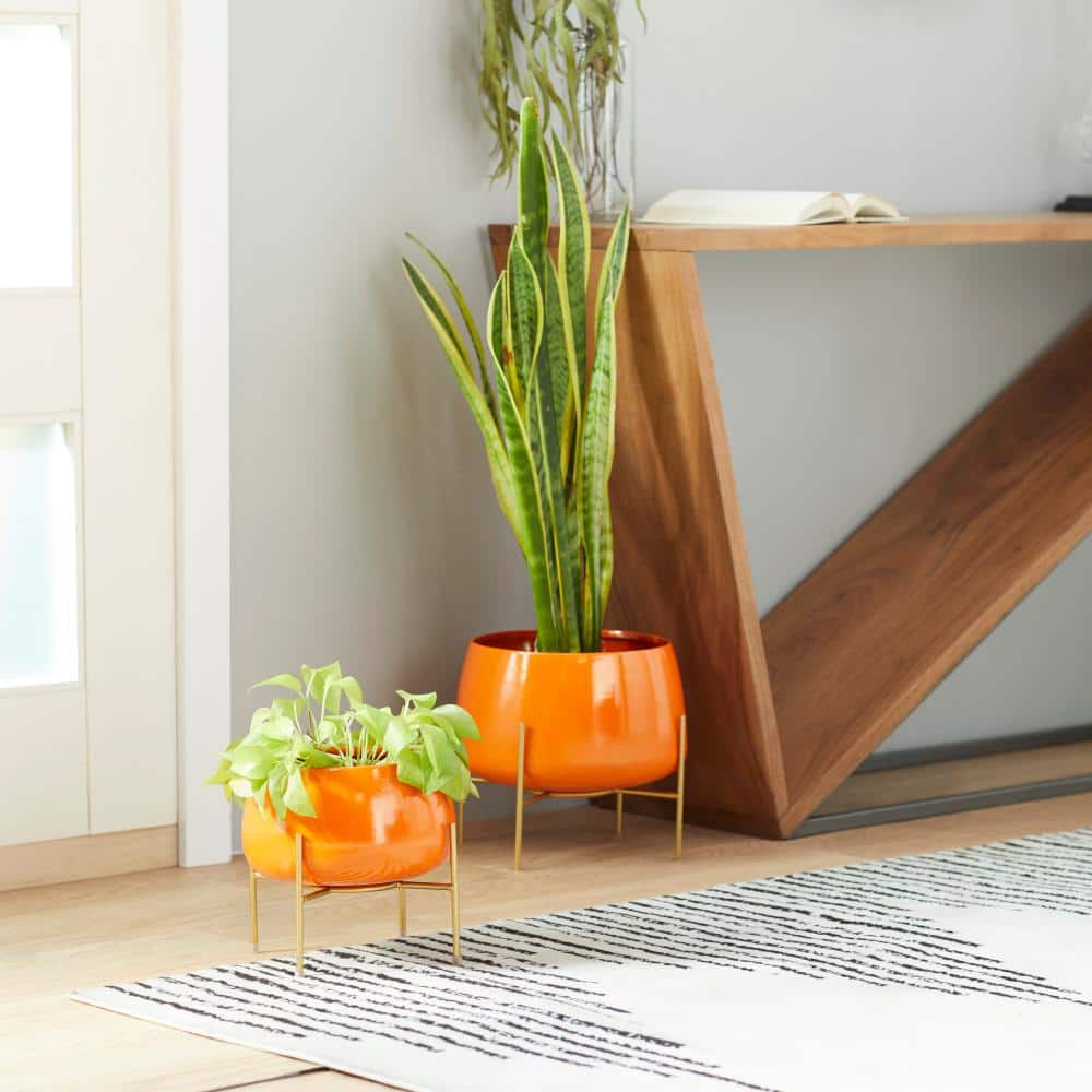 DecMode Modern Metal Dome Shape with X Base Stand Planter Set of 2 8 10 H Features Glossy Orange Finish