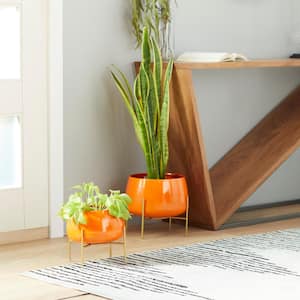 10 in., and 8 in. Small Orange Metal Indoor Outdoor Planter with Removable Stand (2- Pack)