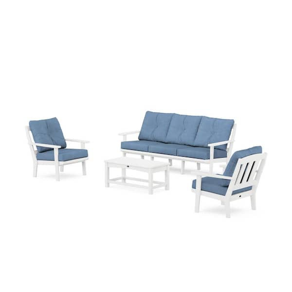 Trex Outdoor Furniture Cape Cod 4-Piece Plastic Patio Conversation Set with Sofa in Classic White/Sky Blue Cushions