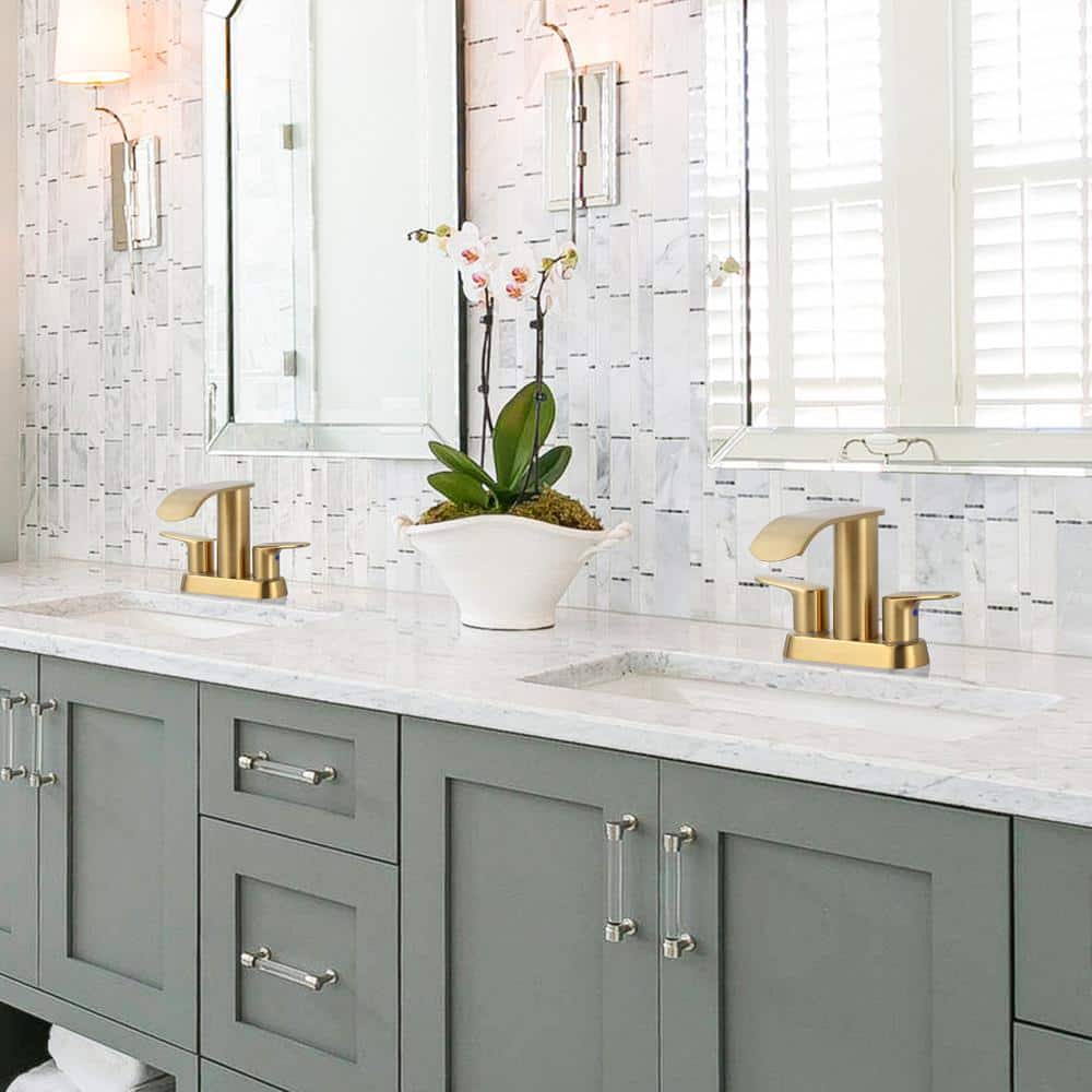 Brushed Gold Stainless Steel Double Handle Waterfall Bathroom Faucet