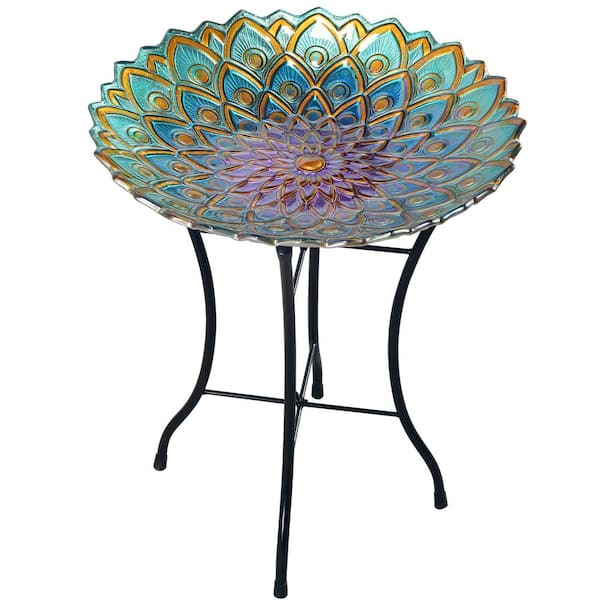 Teamson Home 18 in. Glass Outdoor Fusion Mosaic Flower Birdbath with Stand
