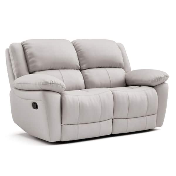 Loure 60 in. White Solid Leather Match 2-Seater Loveseat with Pillow Top Arms and Adjustable Headrest