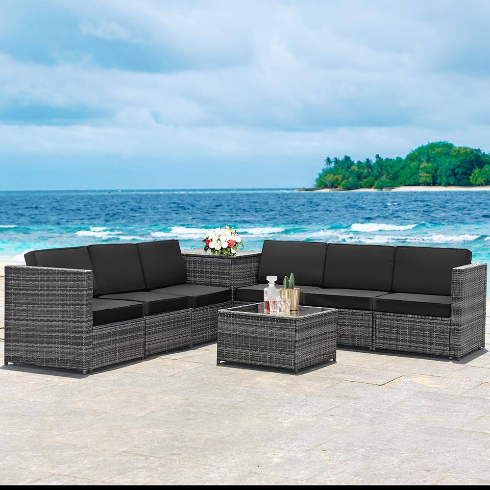 6-Piece Black Wicker Rattan Outdoor Sofa Set with Storage Table