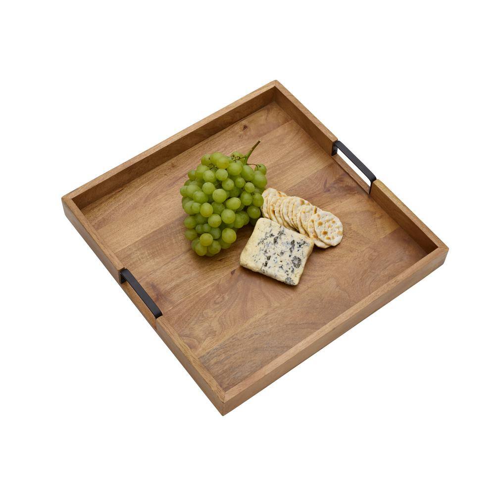 Mango Wood Square Lazy Susan with Wrought Iron Handles, 18-Inch