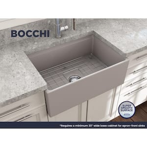 Contempo Workstation 27 in. Farmhouse Apron-Front Single Bowl Matte Gray Fireclay Kitchen Sink with Accessories