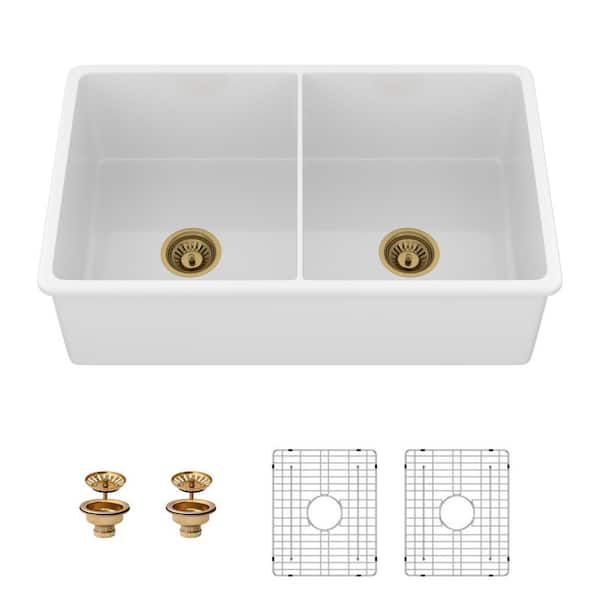 Undermount Sink 32 in. x 19 in. Double Bowl White Ceramic Kitchen Sink with Accessories