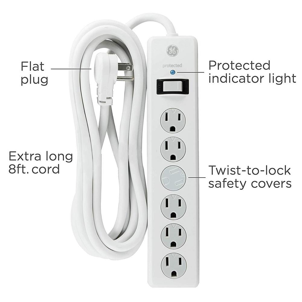 White 8' Cord 6-Outlet Surge Protector Power Strip