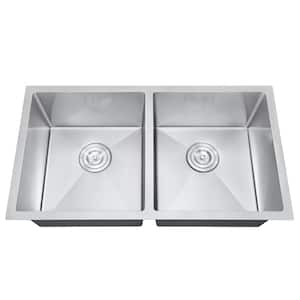 Brushed Stainless Steel 32 in. Double Bowl Undermount Scratch-Resistant Nano Kitchen Sink With Strainer
