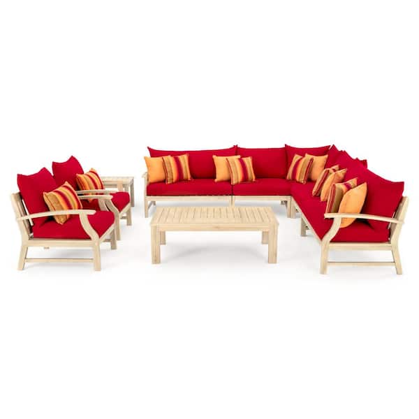 RST BRANDS Kooper 9-Piece Wood Patio Conversation Set with Sunbrella Sunset Red Cushions
