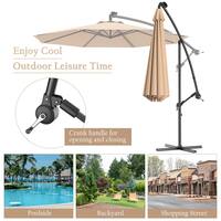 Costway 10 ft. Steel Market Hanging Solar LED Patio Umbrella with Base in Beige GHMHSKU00184