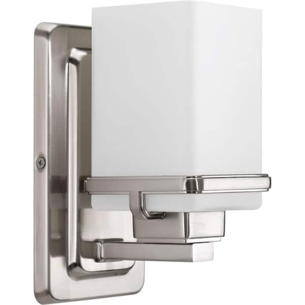 Progress Lighting Metric Collection 1-Light Brushed Nickel Etched/Painted White Inside Glass Coastal Bath Vanity Light