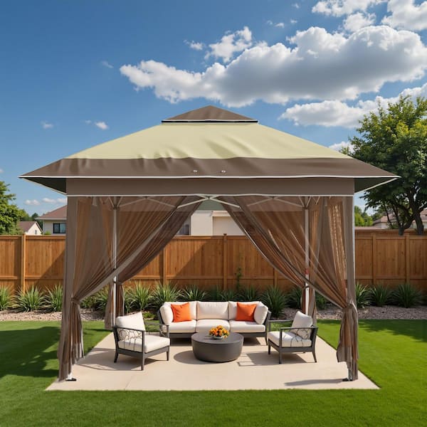 12 ft. x 12 ft. Pop Up Gazebo Outdoor Canopy Shelter, Instant Patio Sun Shade Canopy Tent with 4 Sandbags, Khaki