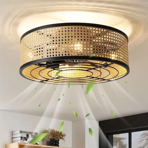 KAISITE 20 in. Indoor Rattan Woven Caged Fandelier Boho Black Ceiling Fan With Light and Remote Control 6-Speed Reversible Motor