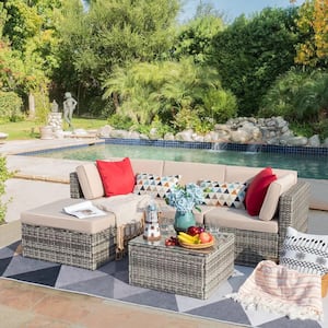 Gray 5-Pieces PE Wicker Patio Conversation Set, Outdoor Couch Sectional Set with Ottoman, Glass Table, Beige Cushions