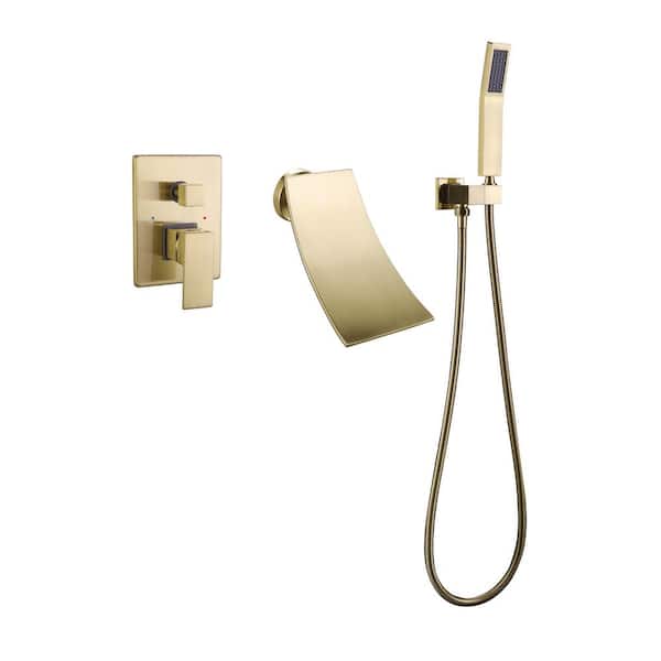 Tomfaucet Single-Handle Wall Mount Roman Tub Faucet with Hand Shower in Brushed Gold