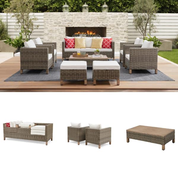 8-Piece Wicker Patio Conversation Set with Beige Cushions