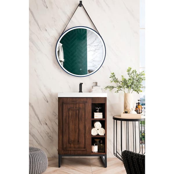Alicante 23.6 in. W x 18.3 in. D x 35.5 in. H Bath Vanity in Mid Century Acacia and Black with White Glossy Resin Top