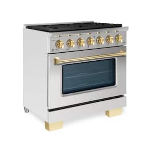 BOLD 36 in. 5.2 cu. ft. 6 Burner Freestanding All Gas Range with Gas Stove and Gas Oven, Stainless steel with Brass Trim