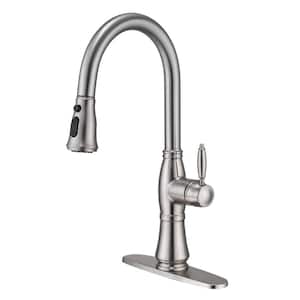 Single-Handle Retro Tulip High Arc Pull Down Sprayer Kitchen Faucet Deck Mount Kitchen Faucet in Brushed Nickel