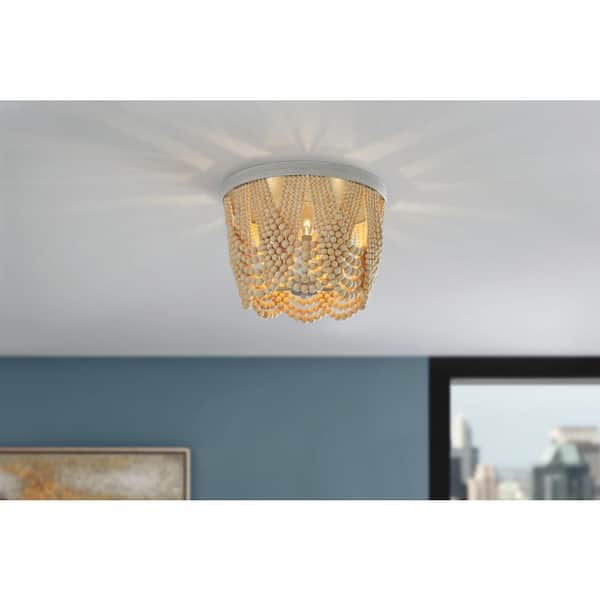 Harlan 15 in. 3-Light Brushed Grey Flush Mount with Natural Real Wood Beads
