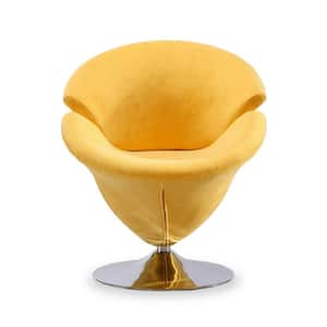 Tulip Yellow and Polished Chrome Velvet Swivel Accent Chair