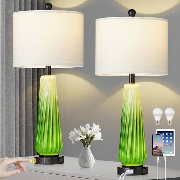 Cinkeda 28 in. Green Glass Table Lamp Set with USB and Type-C charging Ports and White Lampshape