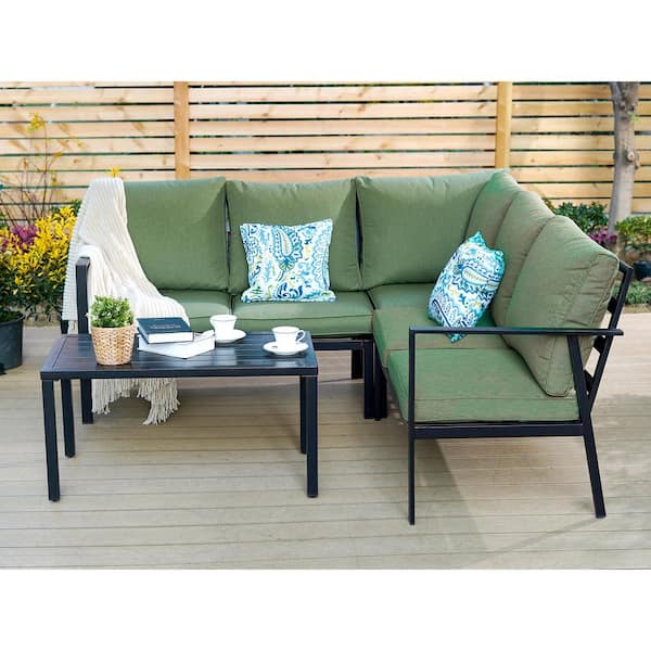 PHI VILLA Black 6-Pieces Metal Patio Conversation Sectional Seating Set with CushionGuard Green Cushions