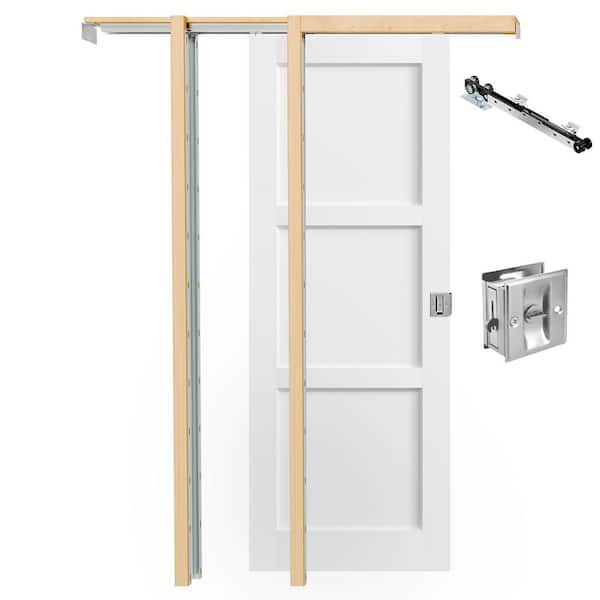 24 in. x 80 in. 3-Panel White Primed Pine Wood Sliding Pocket Door with Lock, Soft Close and Frame Kit Set, Room Door