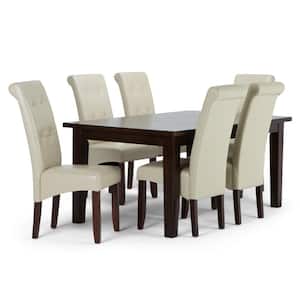 Cosmopolitan Transitional 7-Piece Dining Set w/6 Upholstered Dining Chair in Satin Cream Faux Leather & 66 in. W Table