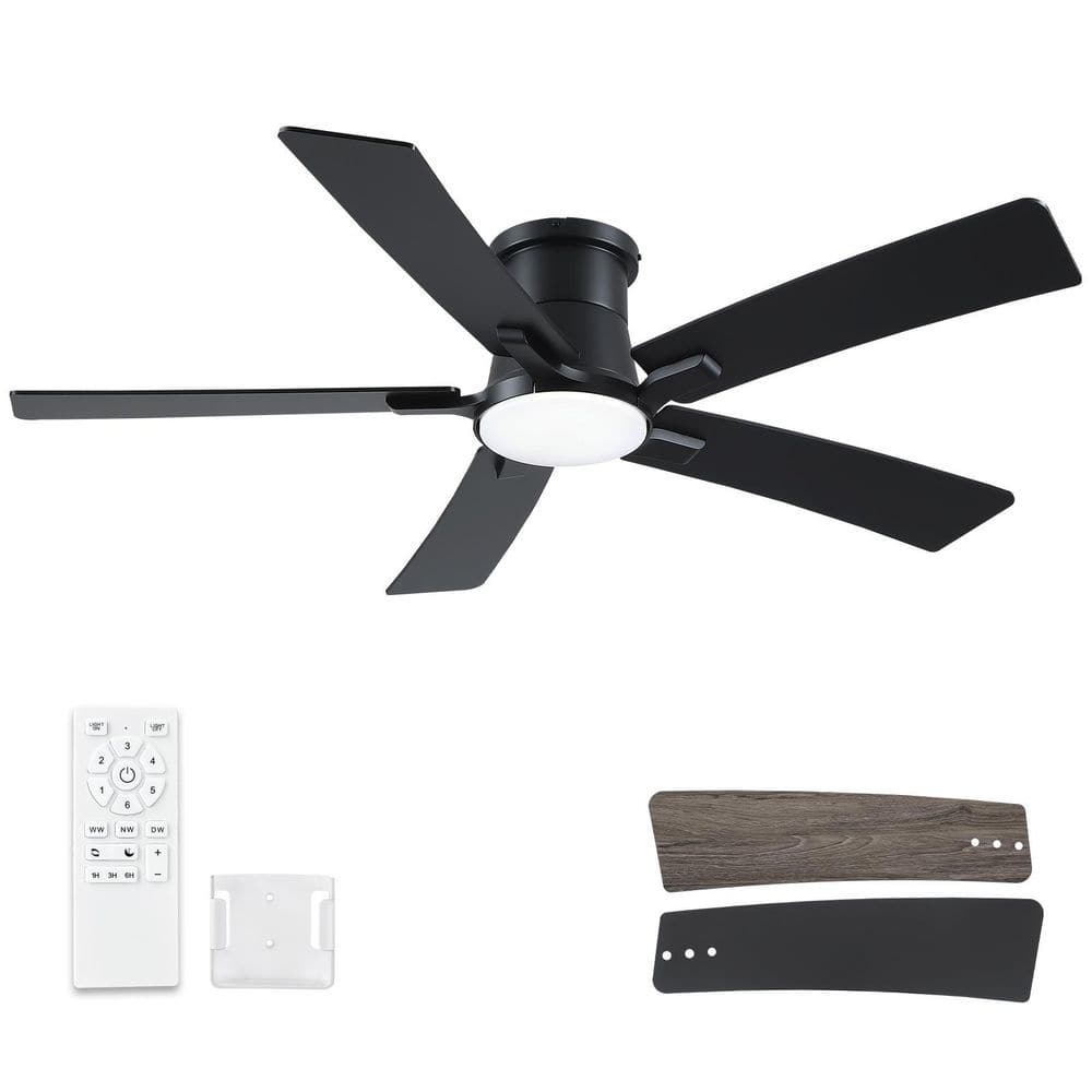 Modern 52 in. Indoor Black Flush Mount Ceiling Fan with Integrated LED Light, Remote Control and 5 Reversible Blades price history on PriceWatchPro