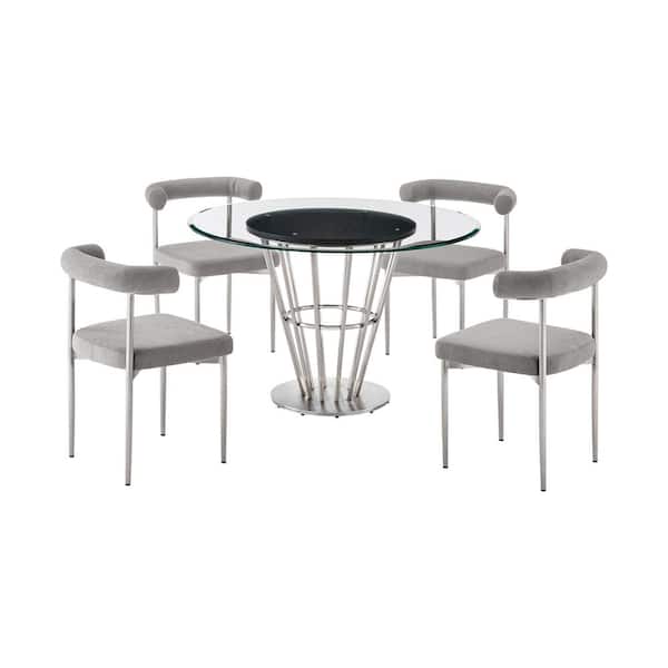 Armen Living Veronica and Shannon 5-Piece Light Gray and Glass Top Dining Set Seats 4
