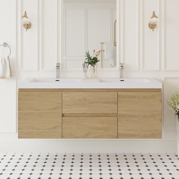 59.06 in. W x 19.69 in. D x 22.44 in. H Wall Hung Bath Vanity in Natural Oak with Resin Double Basin Vanity Top in White