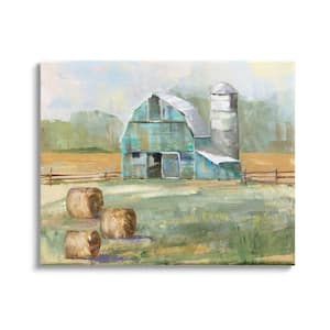 Contemporary Blue Farm Barn Hay Bails Empty Field by Sally Swatland Unframed Print Nature Wall Art 24 in. x 30 in.