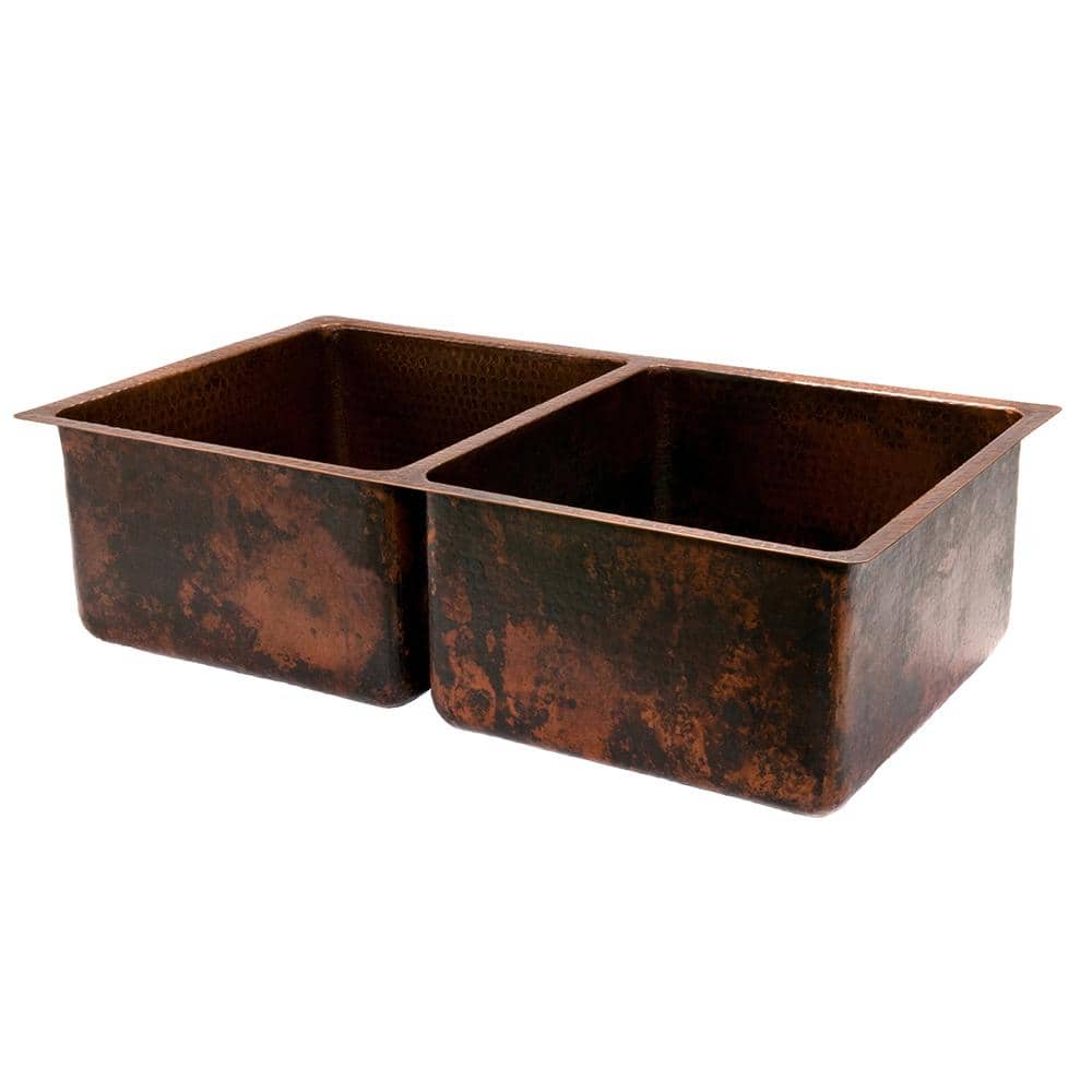 33" Hammered Copper Double Basin Drop-in Kitchen Sink